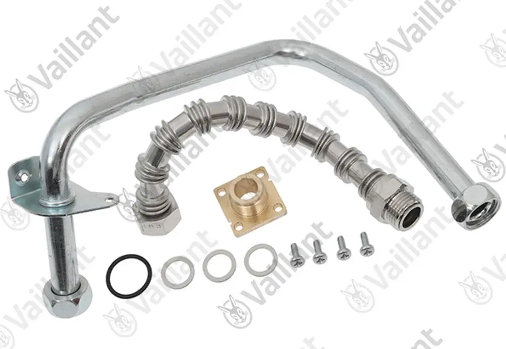 Vaillant Rohrsatz bestehend aus einem gebogenen Metallrohr, flexibler Verbindung, Anschlussstück und Montageschrauben, geeignet für Heizungsanwendungen.